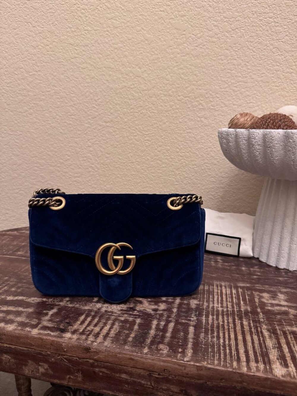 Gucci GG Marmont Small Cobalt Blue Velvet Shoulder Bag + COA